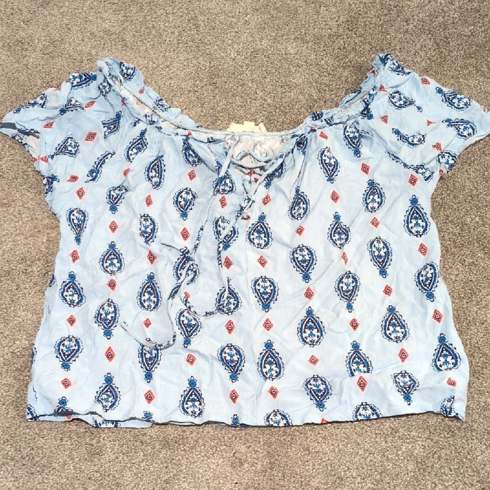 Blue Patterned Women's Lace-up Top